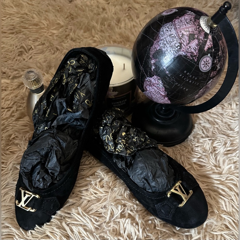 Authentic Louis Vuitton Black Loafers with Gold LV Logo